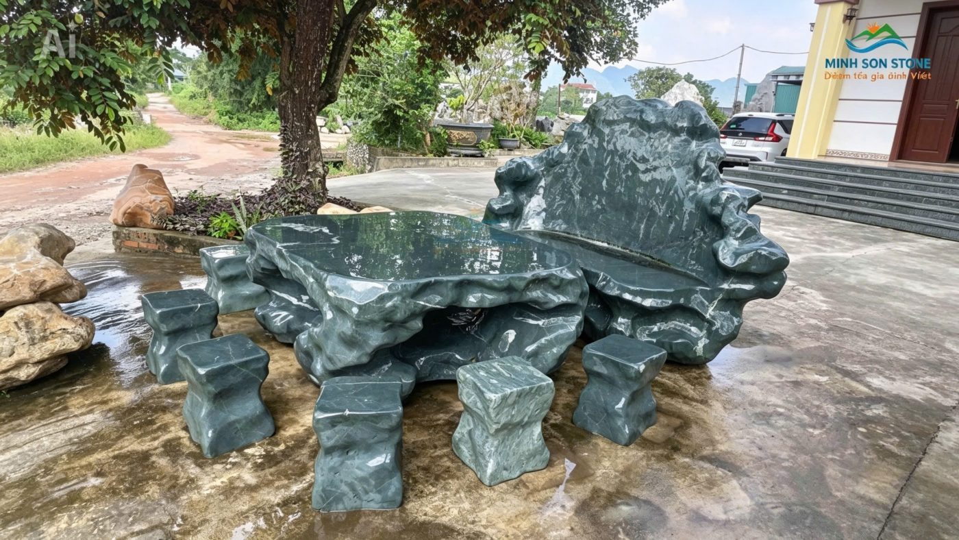 Mẫu bàn ghế đá tự nhiên màu xanh hợp mệnh Mộc và Thủy 